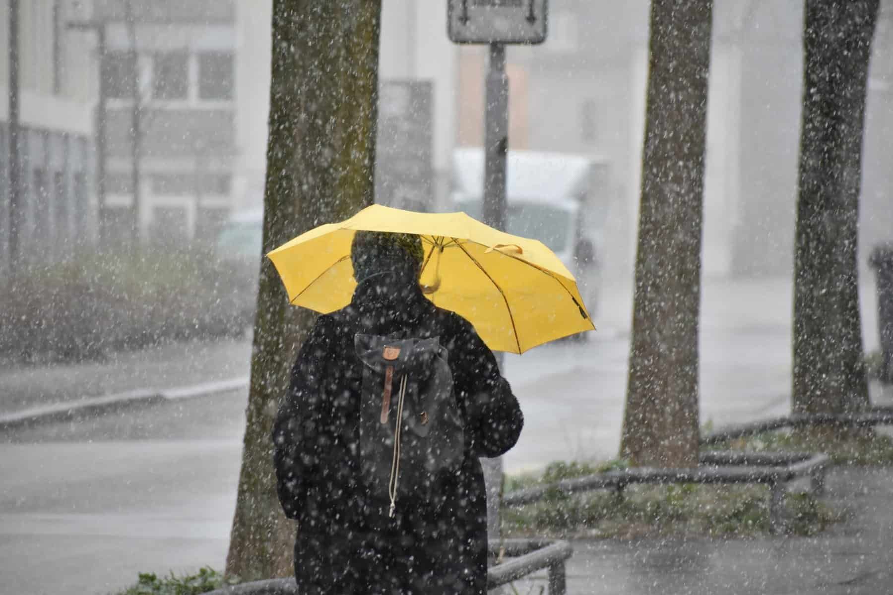 man in stormy weather with yellow umbrella